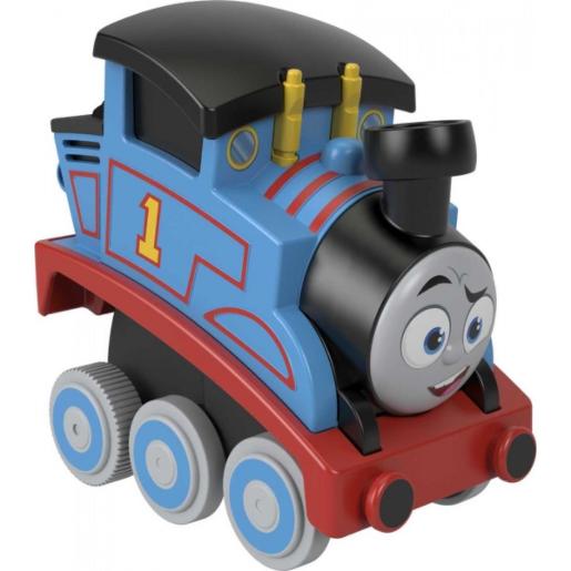 Tren de juguete azul con cara sonriente, vista lateral, ideal para niños pequeños