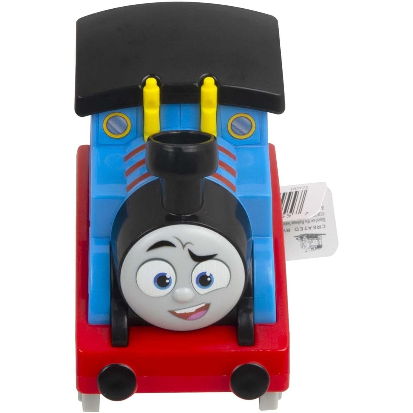 Tren juguete Thomas azul, vista superior con cara sonriente, ideal para niños