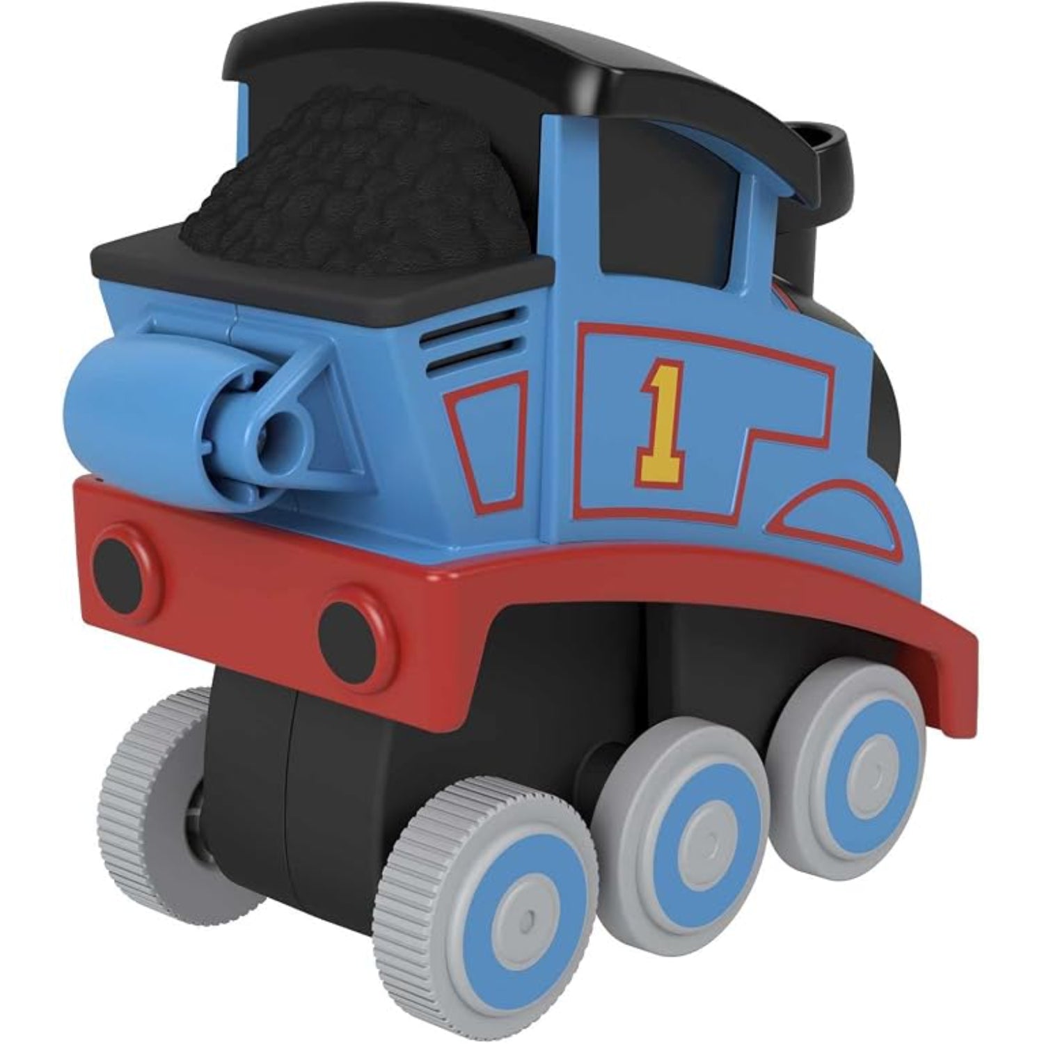 Tren Thomas de MATTEL, juguete color azul, vista lateral y contexto de juego infantil