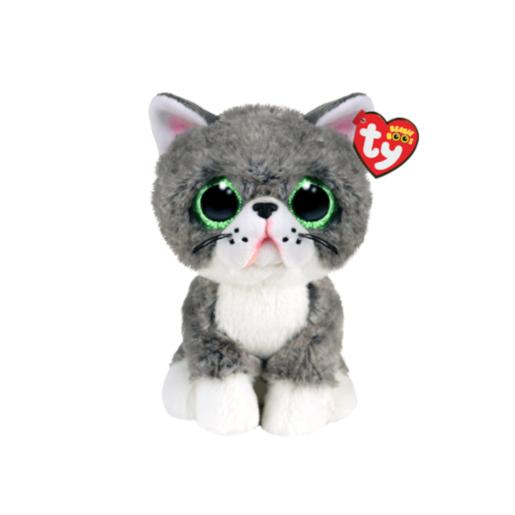 Gato de peluche gris sentado, ojos grandes y verdes, juguete BOING TOYS