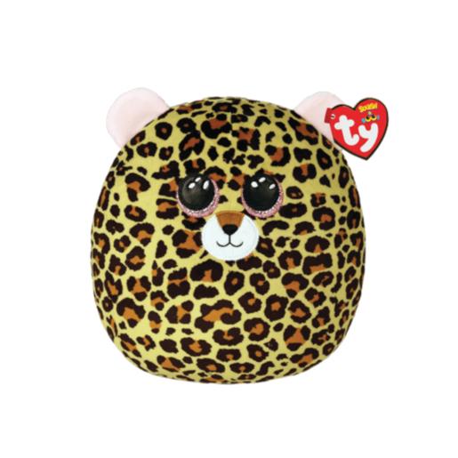 Pelota suave leopardo amarilla con manchas, vista frontal, juguete de compañía.