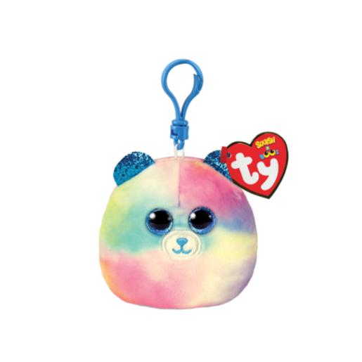 Llavero de peluche colorido en forma de oso con ojos grandes y clip azul
