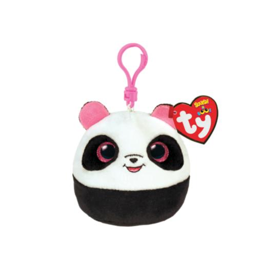 Peluche panda pequeño, blanco y negro, vista frontal con clip
