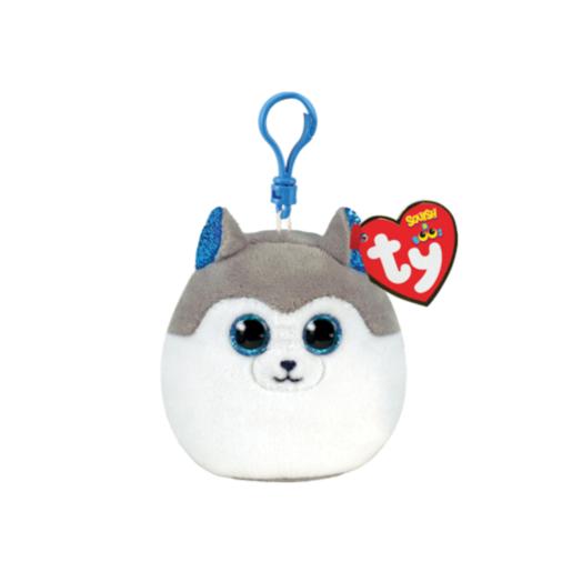 Peluche Ty de gato gris y blanco con ojos grandes, vista frontal y detalle de etiqueta