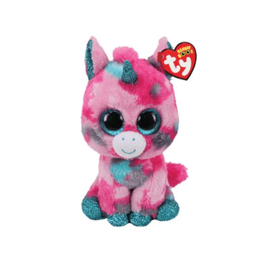Unicornio de peluche rosa y turquesa, Boing Toys, vista frontal, juguete suave.