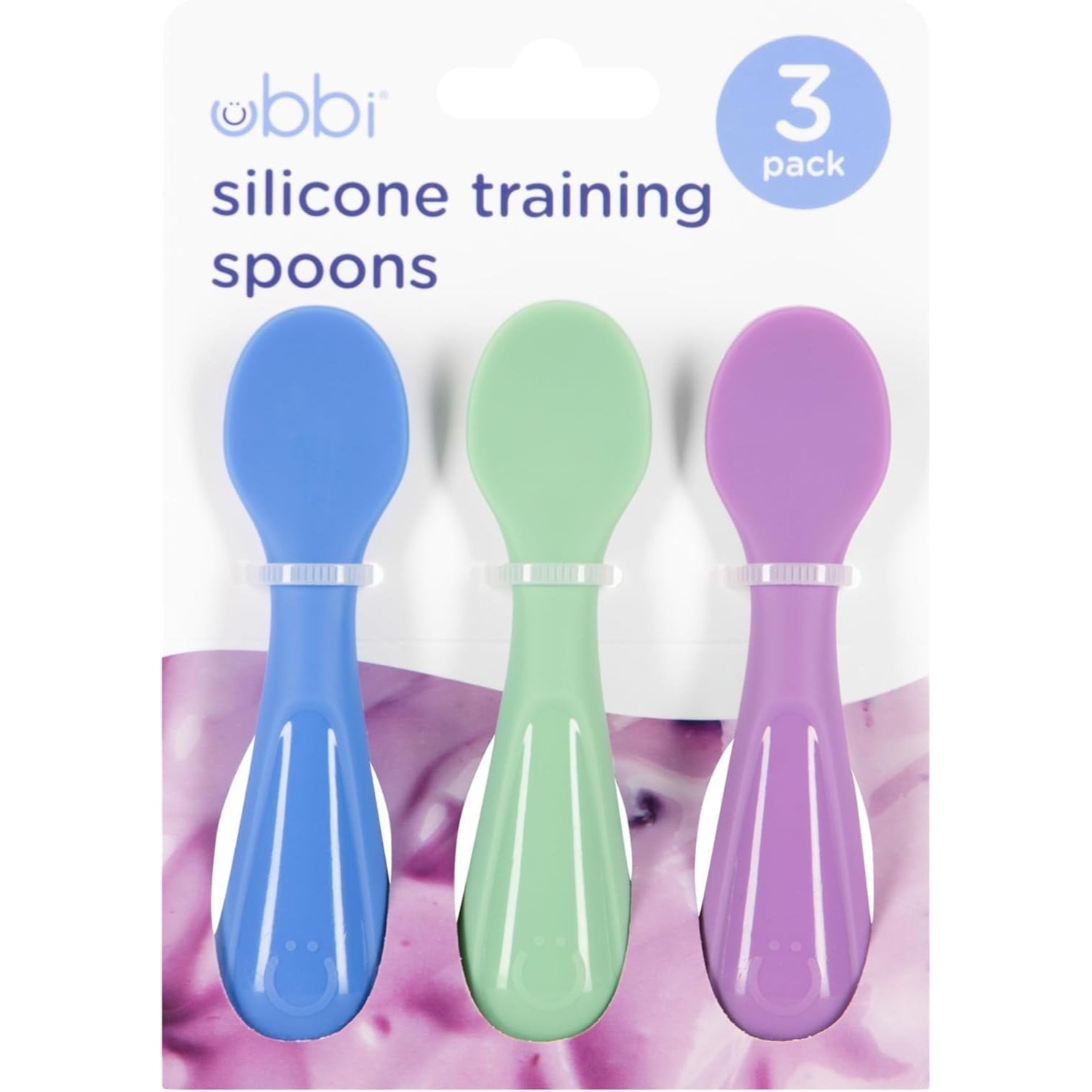 Cucharas de silicona en azul, verde y morado, paquete de tres para entrenamiento de alimentación