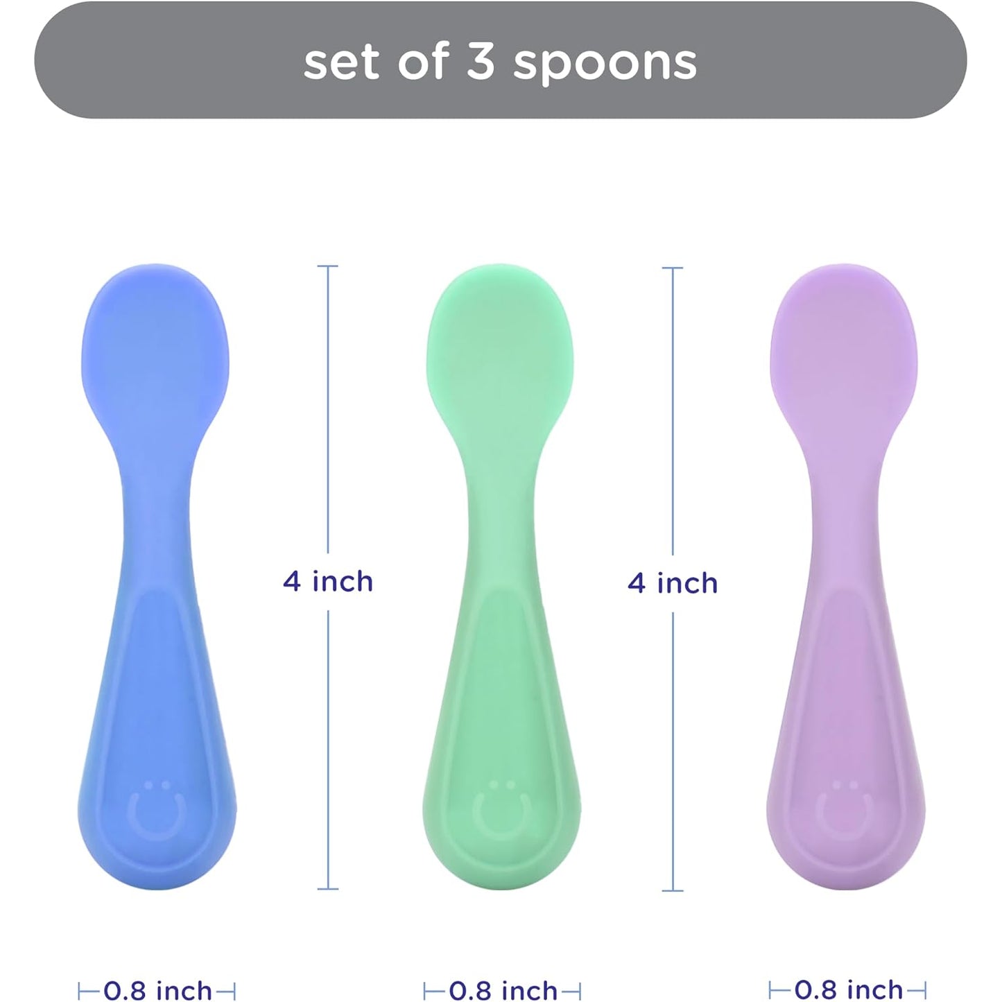 Juego de 3 cucharitas moradas, verdes y azules, ideal para bebés.