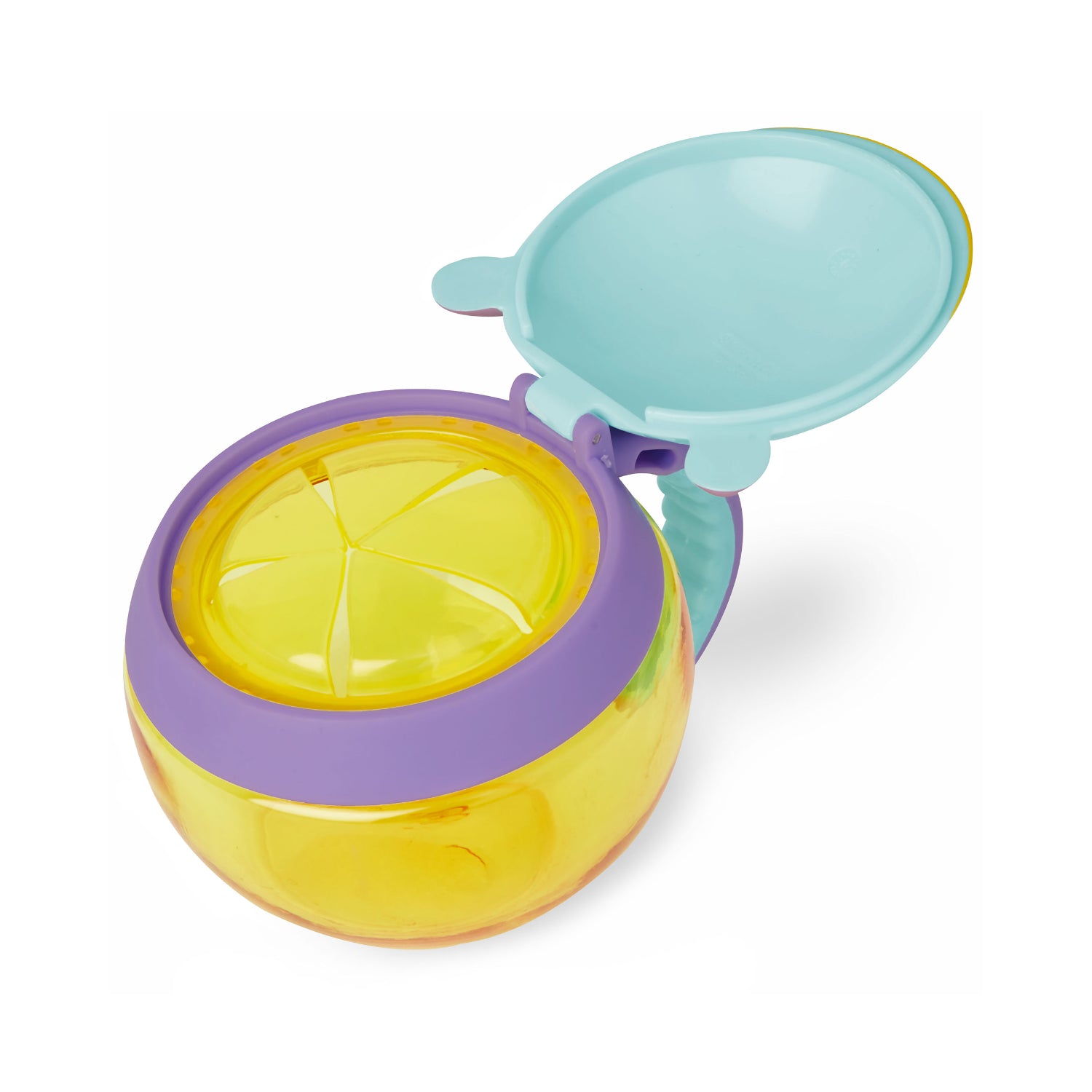 Contenedor amarillo y morado de SKIP*HOP con tapa azul, diseño de unicornio