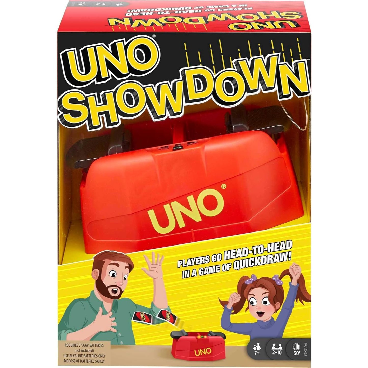 Juego UNO Showdown rojo, vista frontal, conjunto de cartas de juego para diversión en familia