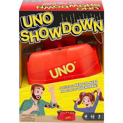 Juego UNO Showdown rojo, vista frontal, conjunto de cartas de juego para diversión en familia