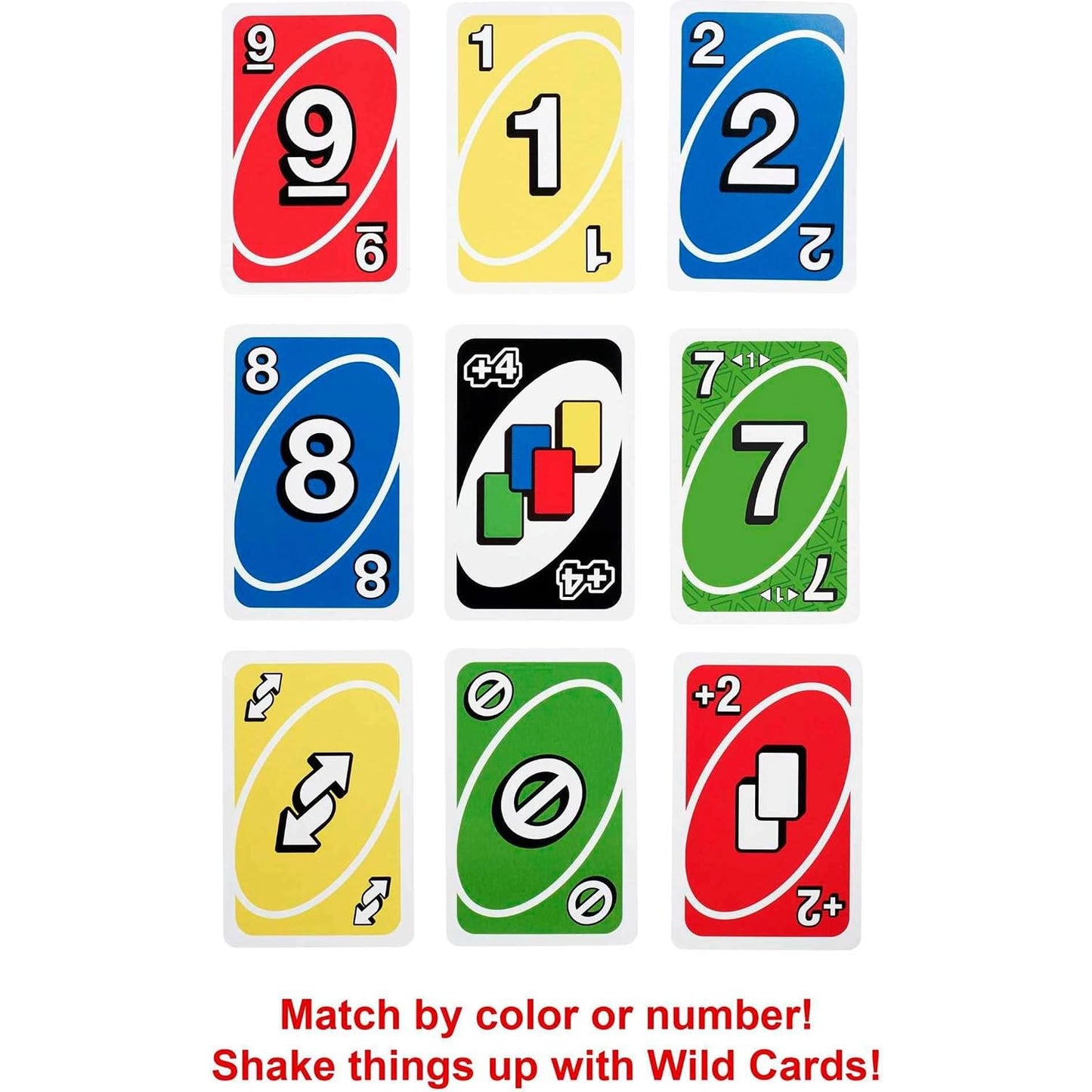 cartas de juego UNO de colores rojo, amarillo y azul en disposición de juego