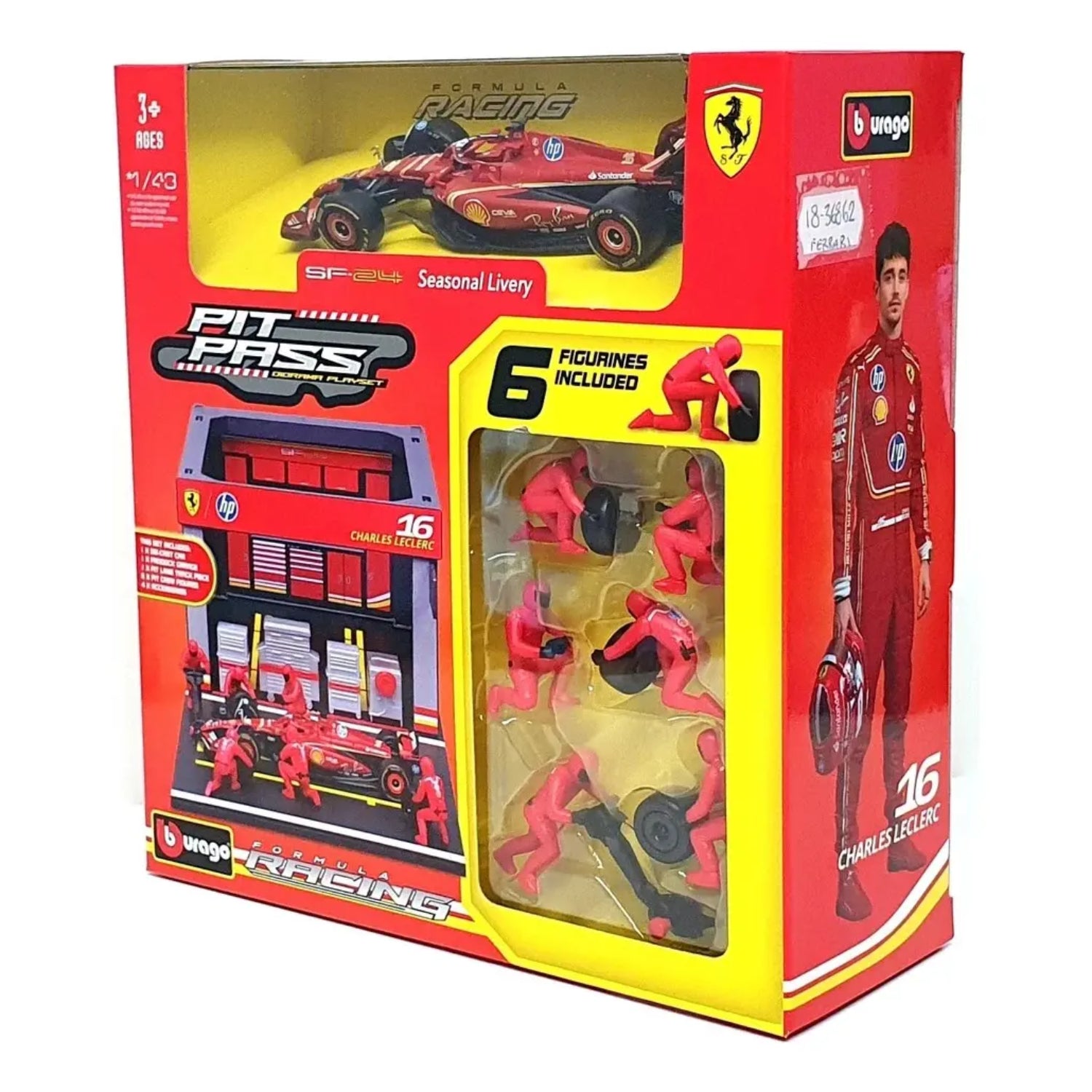 Carro Ferrari rojo con figuras y box de pit, juego de carreras para niños