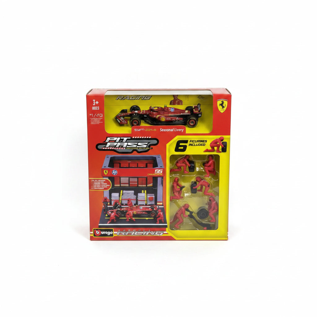 Carro de carreras Ferrari rojo con figuras de equipo y caja de presentación
