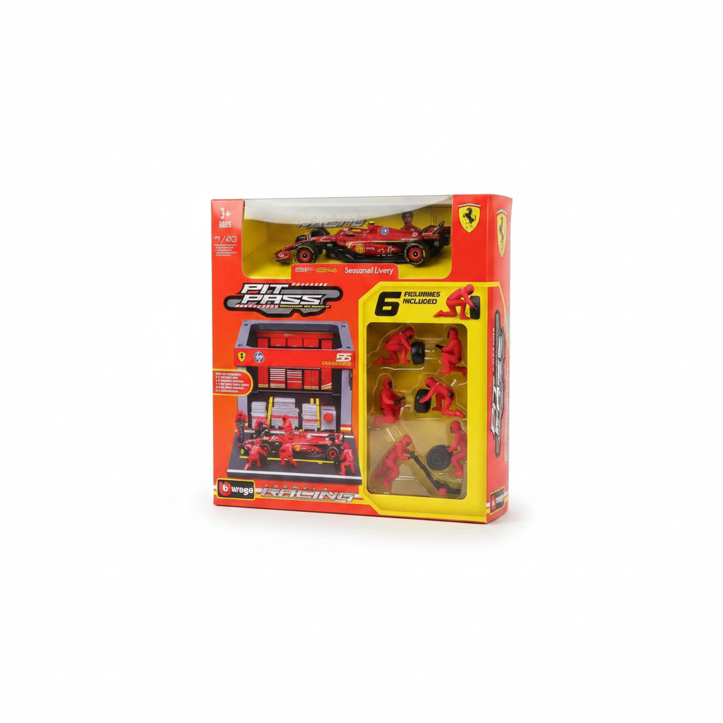 Juego de carro Ferrari con equipo de pit stop y accesorios en caja
