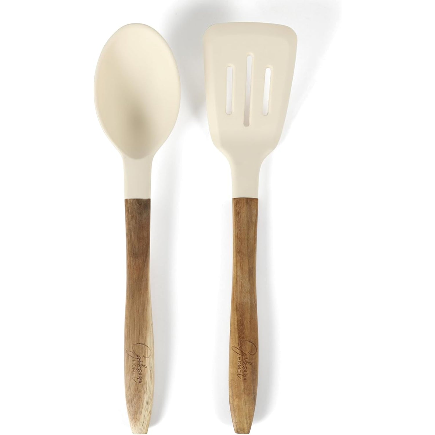 Utensilios de cocina de silicona blanca con mango de madera, vista frontal