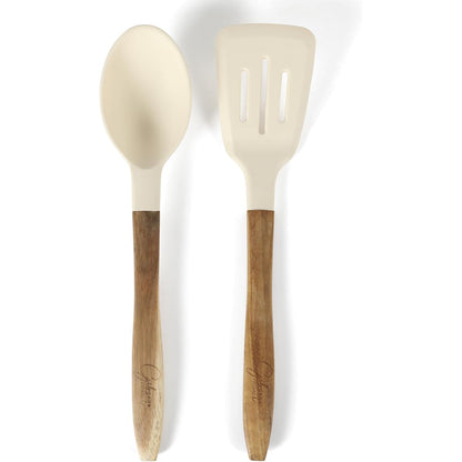 Utensilios de cocina de silicona blanca con mango de madera, vista frontal