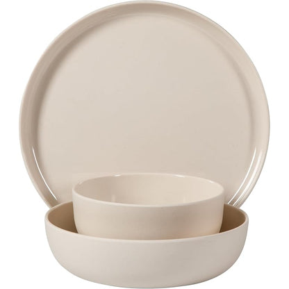 vajilla blanca de Gibson Home, vista frontal con plato y tazones