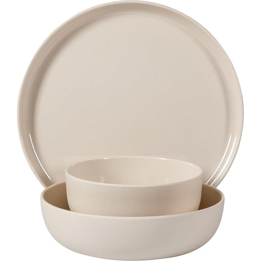 vajilla blanca de Gibson Home, vista frontal con plato y tazones