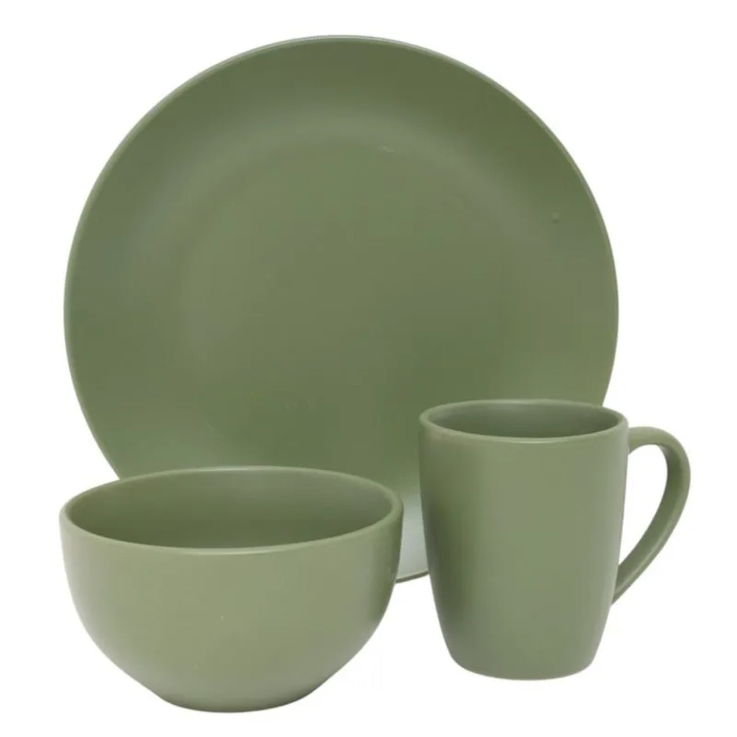 vajilla verde de GIBSON HOME, plato, tazón y taza, vista frontal