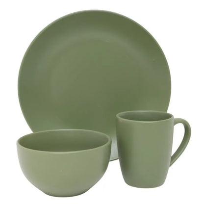 vajilla verde de GIBSON HOME, plato, tazón y taza, vista frontal