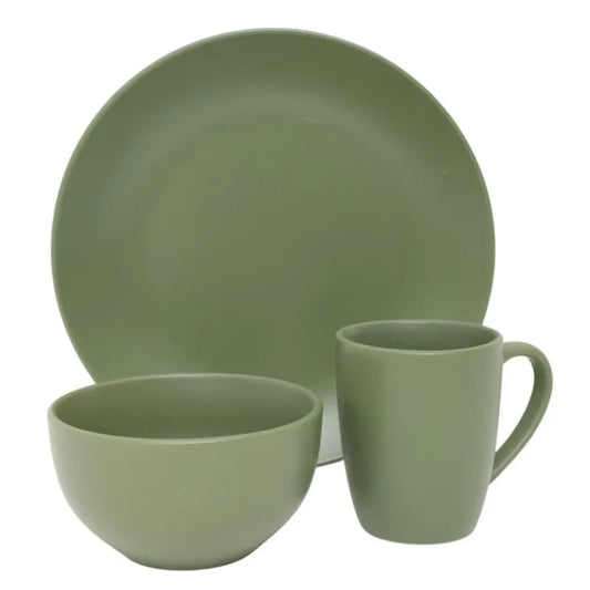 vajilla verde de GIBSON HOME, plato, tazón y taza, vista frontal