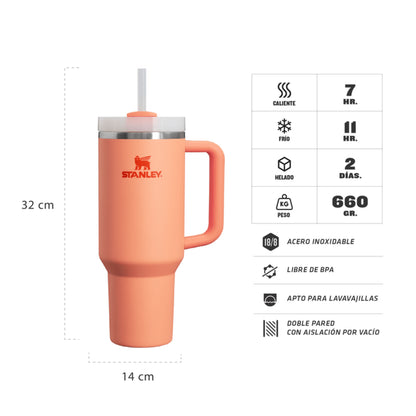 Vaso Stanley Quencher 40 oz Honduras en color durazno con tapa y popote, ideal para bebidas frías y calientes