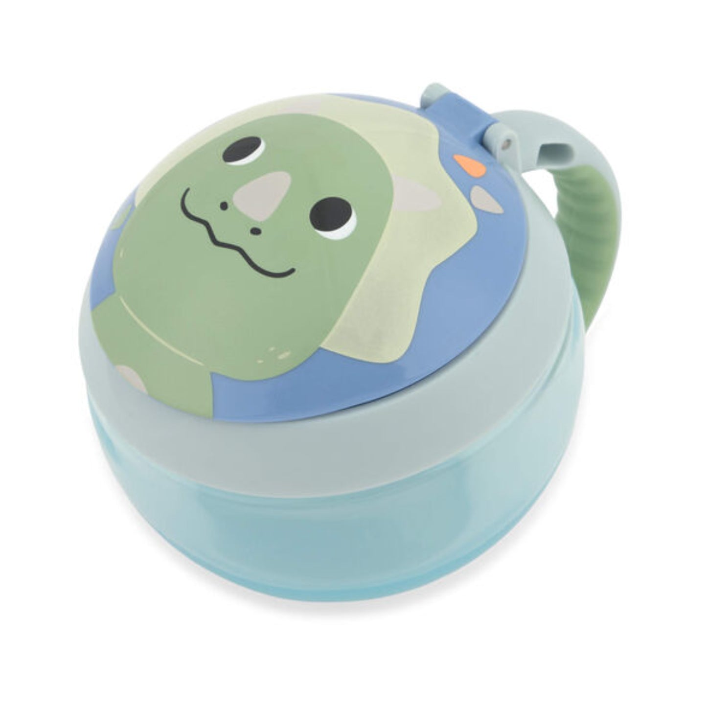 Vaso azul con diseño de dinosaurio, vista superior y tapa a prueba de derrames