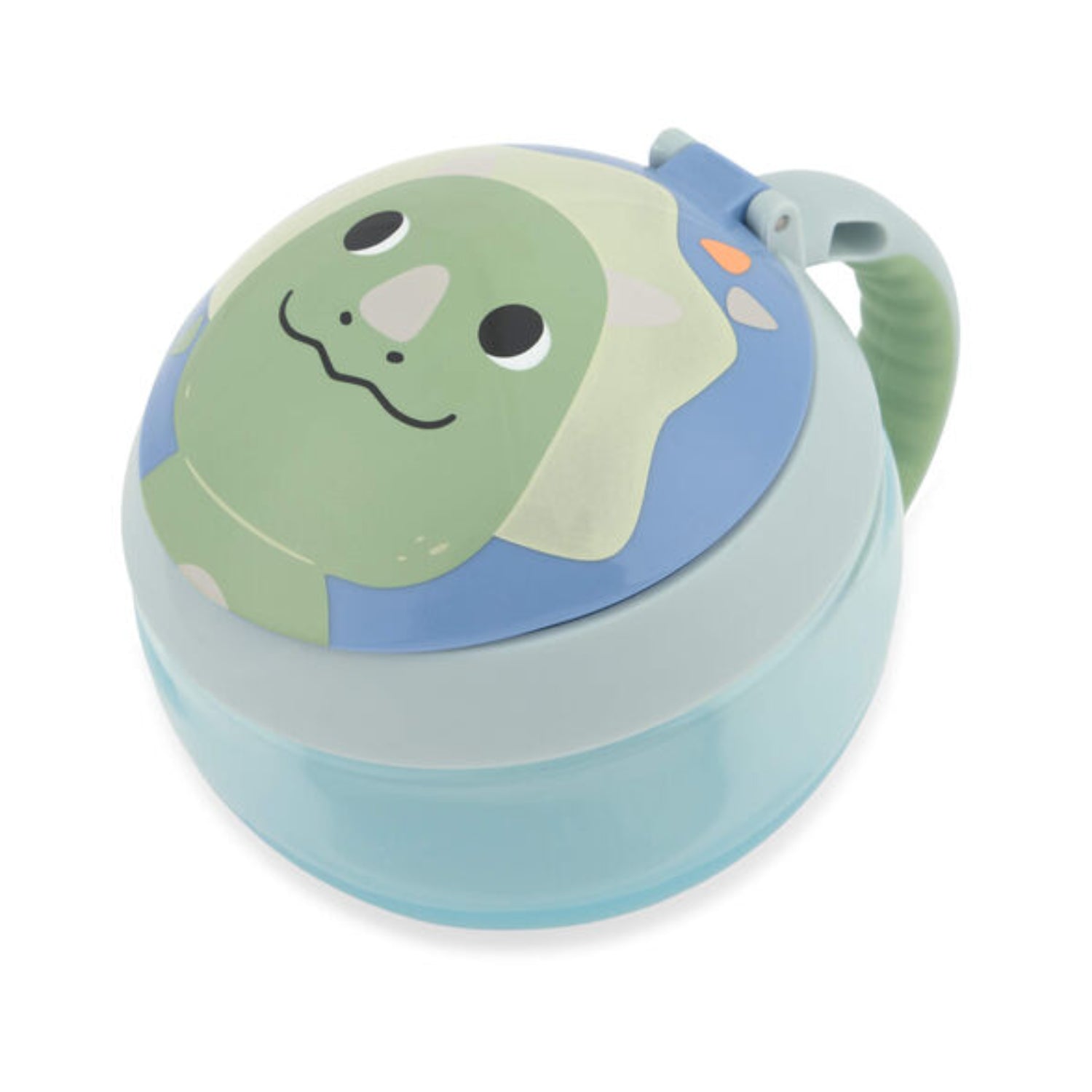 Vaso azul con diseño de dinosaurio, vista superior y tapa a prueba de derrames