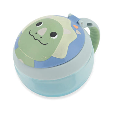 Vaso azul con diseño de dinosaurio, vista superior y tapa a prueba de derrames