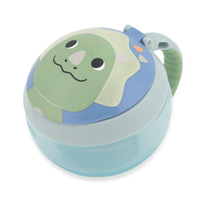 Vaso azul con diseño de dinosaurio, vista superior y tapa a prueba de derrames