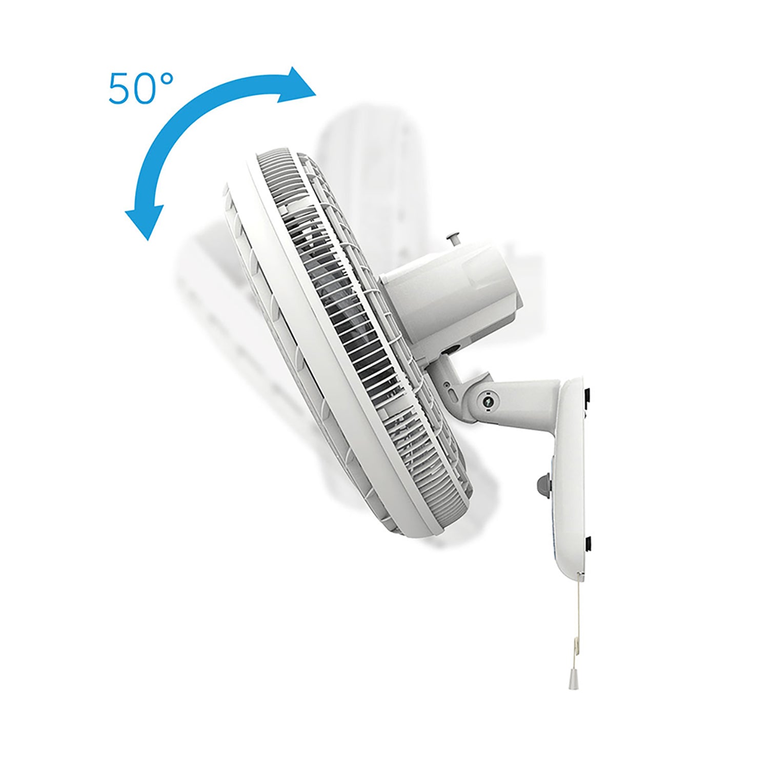 ventilador blanco lateral, ajustable 50 grados, ambiente doméstico