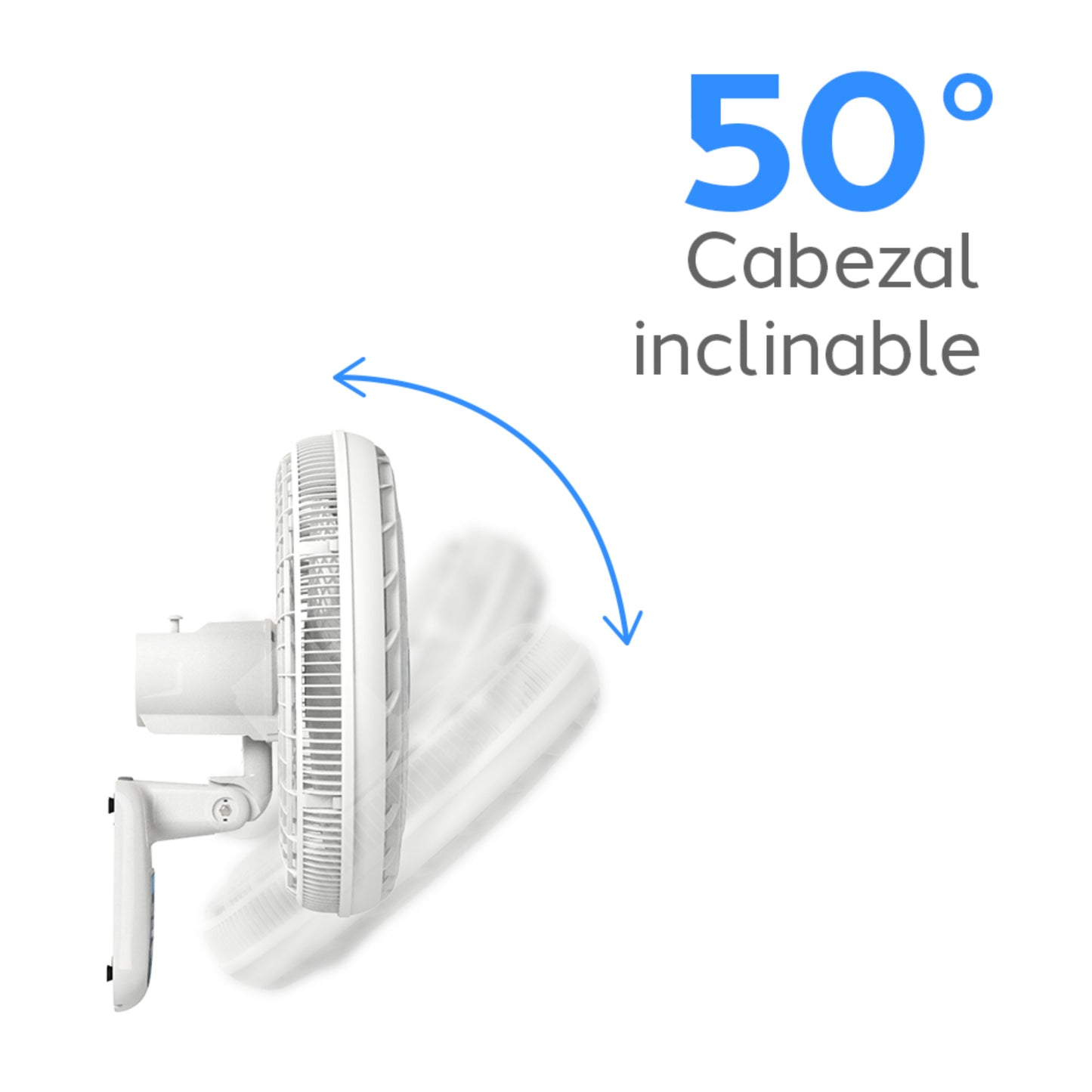 Ventilador blanco lateral, cabezal inclinable a 50 grados