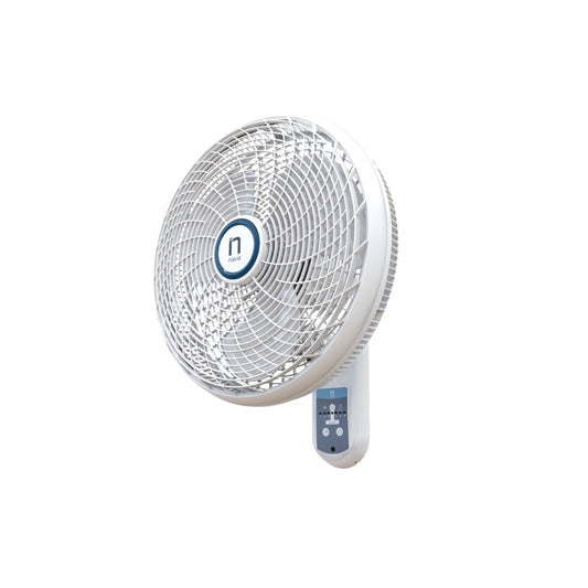 ventilador blanco de pared, vista frontal y control remoto