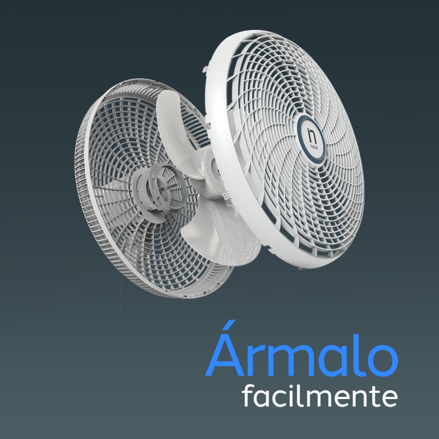 Ventilador blanco de NAVIA, vista lateral y elementos desmontables