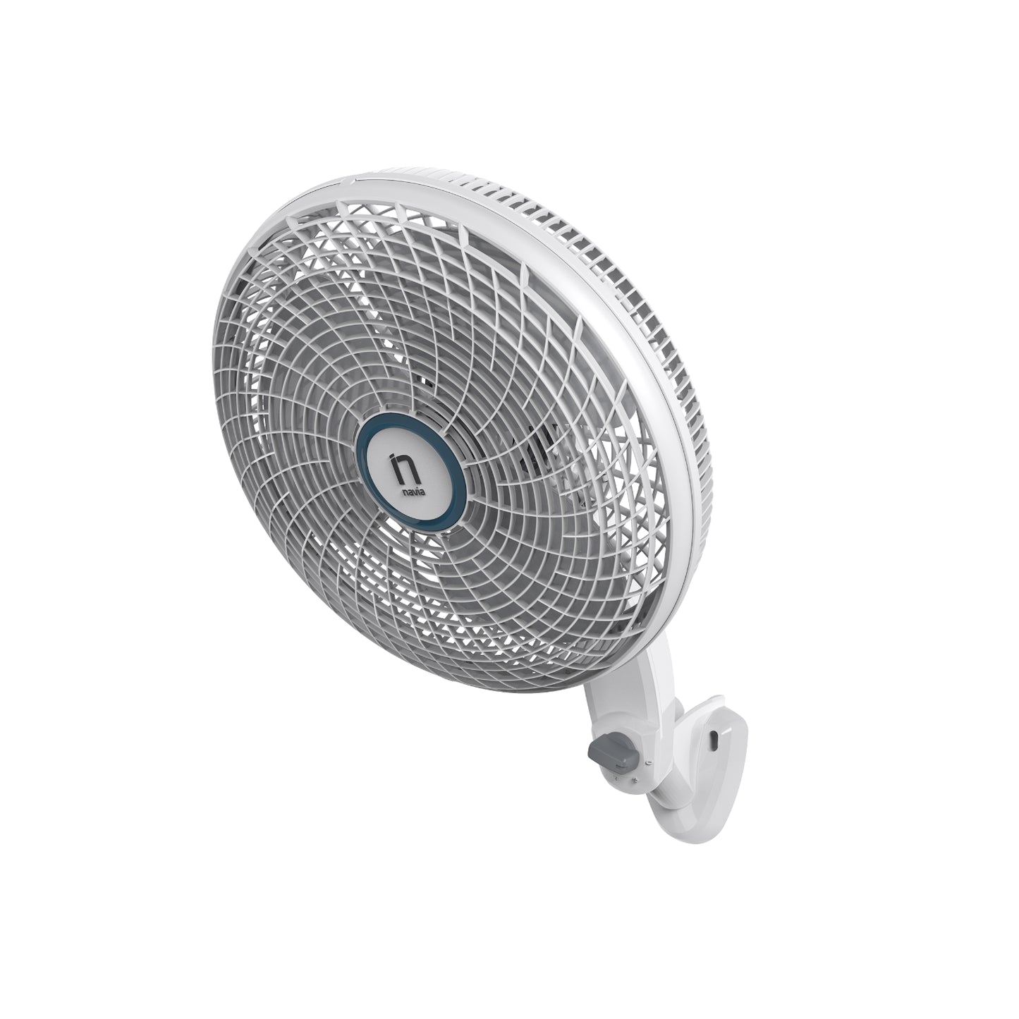 Ventilador blanco de pared, vista lateral, perfecto para espacios reducidos