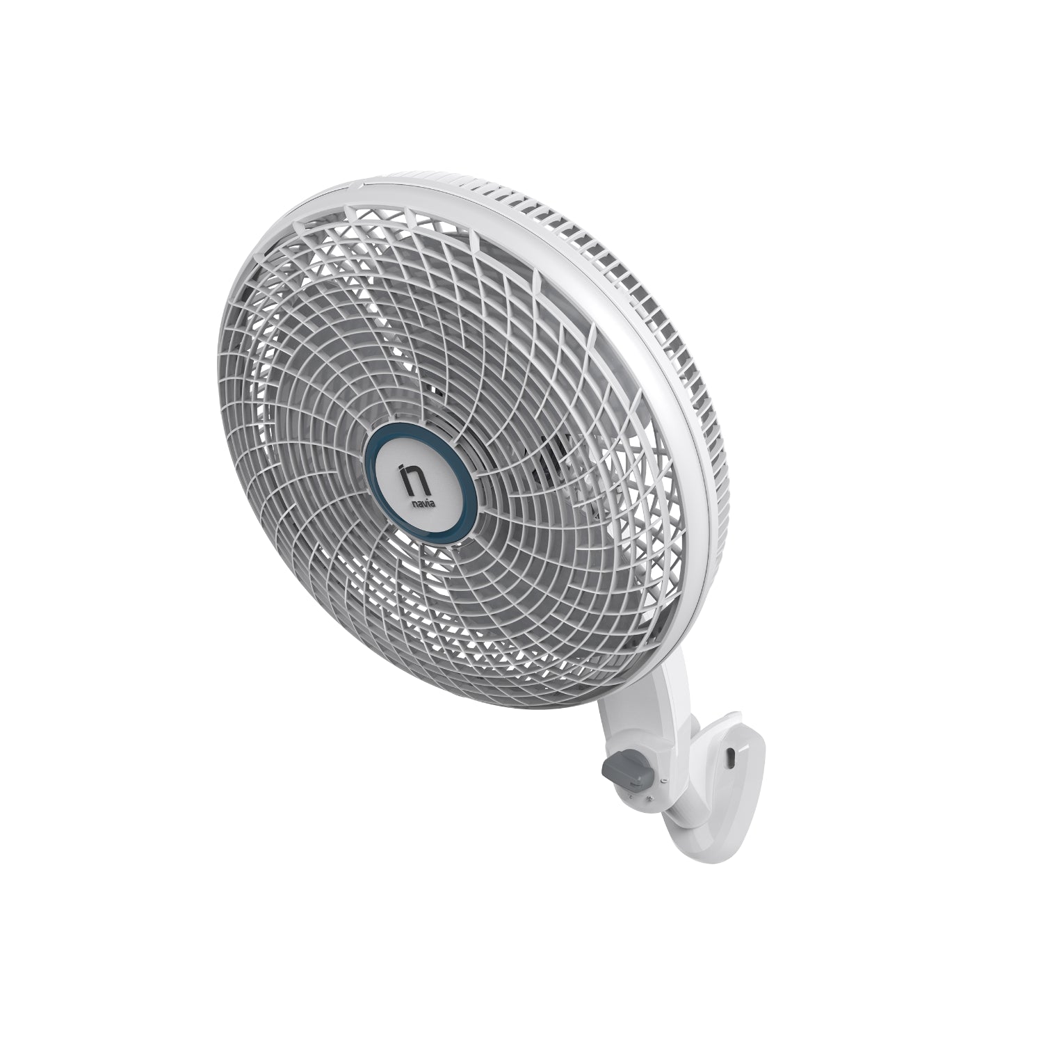 Ventilador blanco de pared, vista lateral, perfecto para espacios reducidos