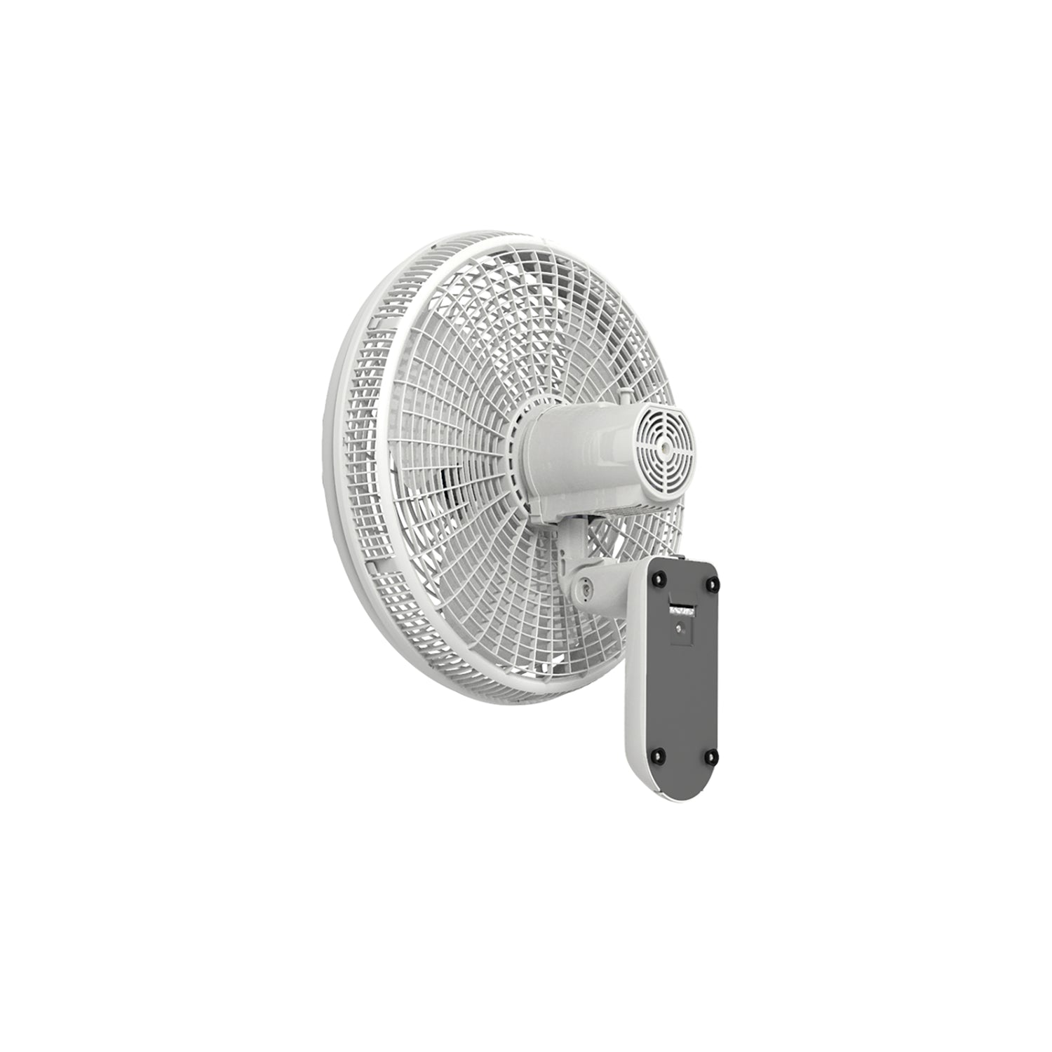 ventilador blanco de pared, vista lateral, ideal para espacios pequeños