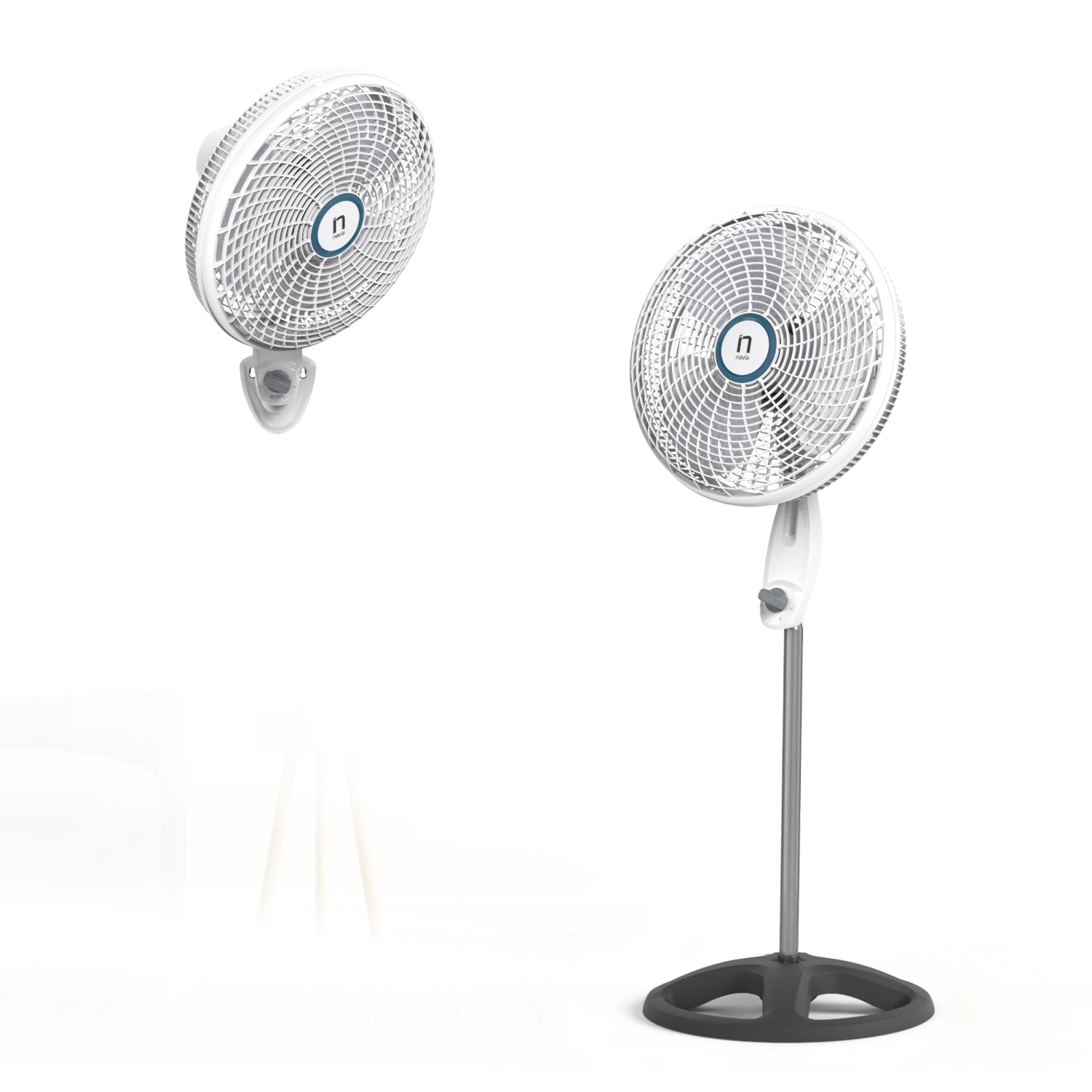 ventilador de pie, blanco, frente y lateral, ideal para enfriar espacios