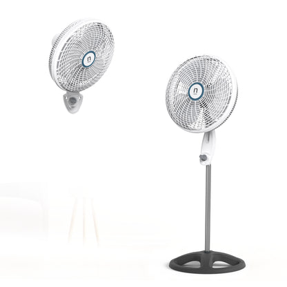 ventilador de pie, blanco, frente y lateral, ideal para enfriar espacios
