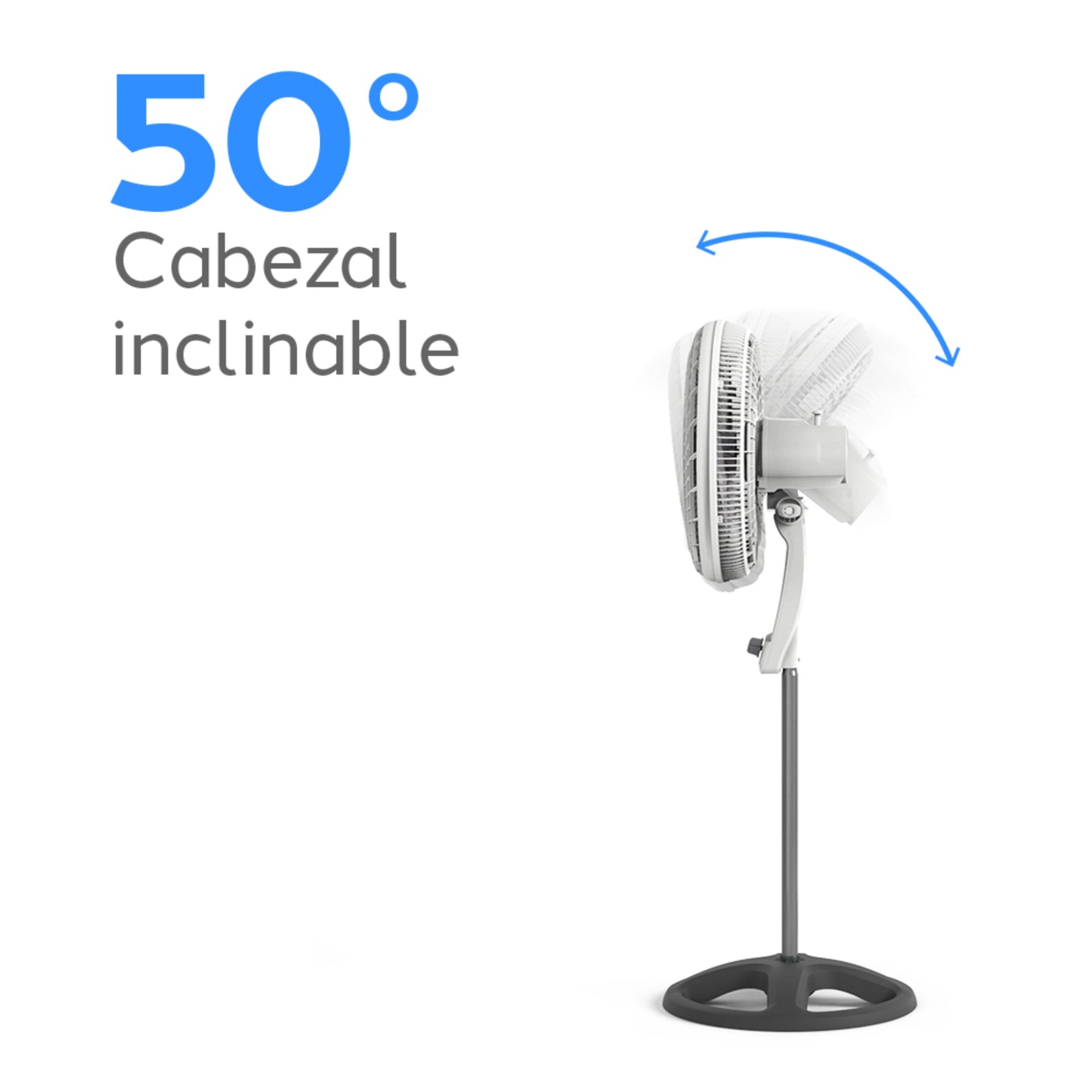 Ventilador blanco con cabezal inclinable, lado derecho, ideal para espacios interiores