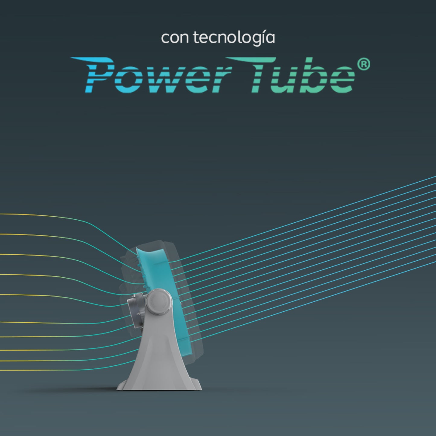 ventilador VORTEX con tecnología Power Tube, vista lateral y aire en movimiento
