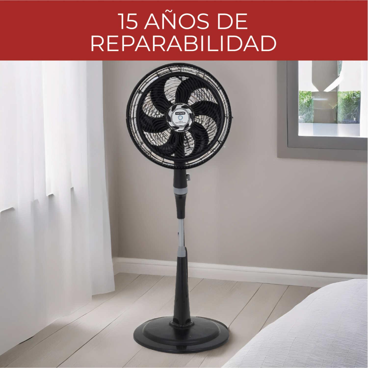 Ventilador pedestal 18 pulgadas SAMURAI negro con diseño moderno y 15 años de reparabilidad