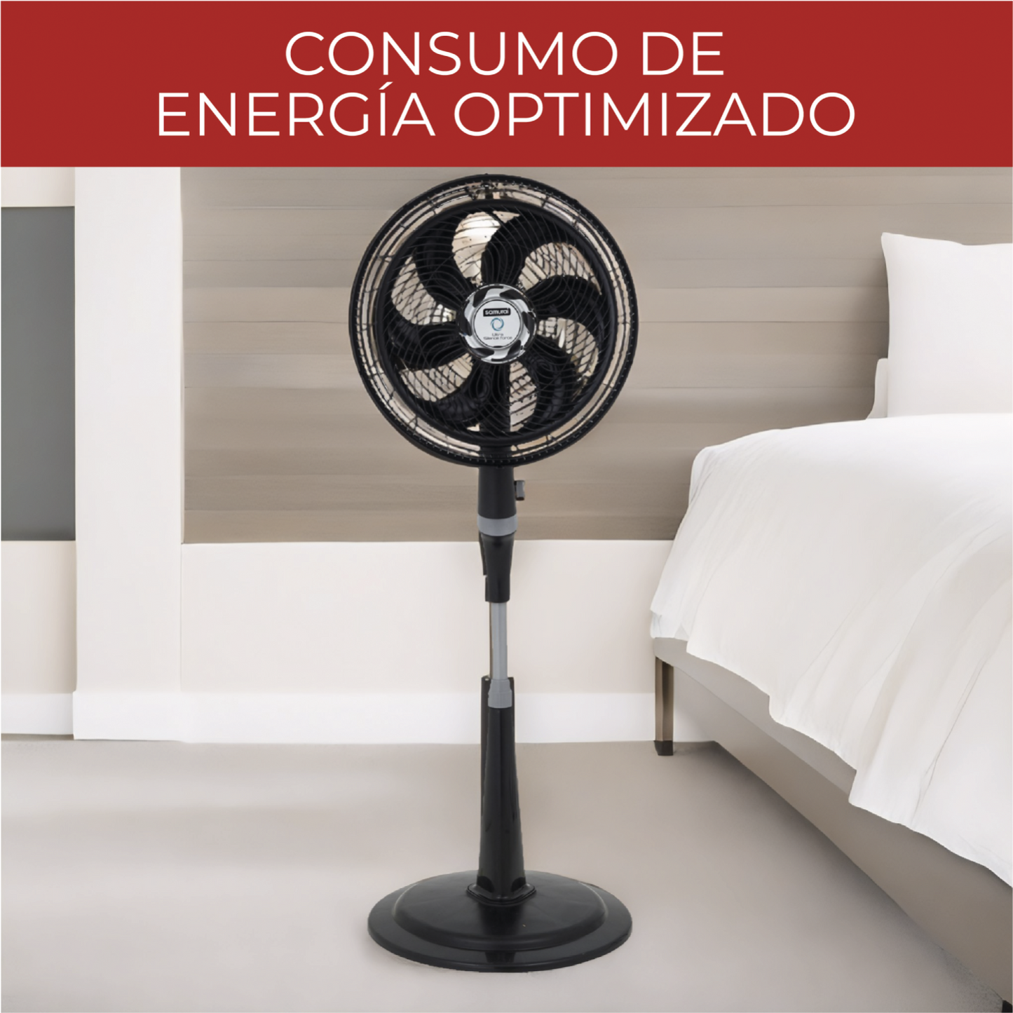 Ventilador pedestal 18 pulgadas negro marca SAMURAI con consumo de energía optimizado en habitación
