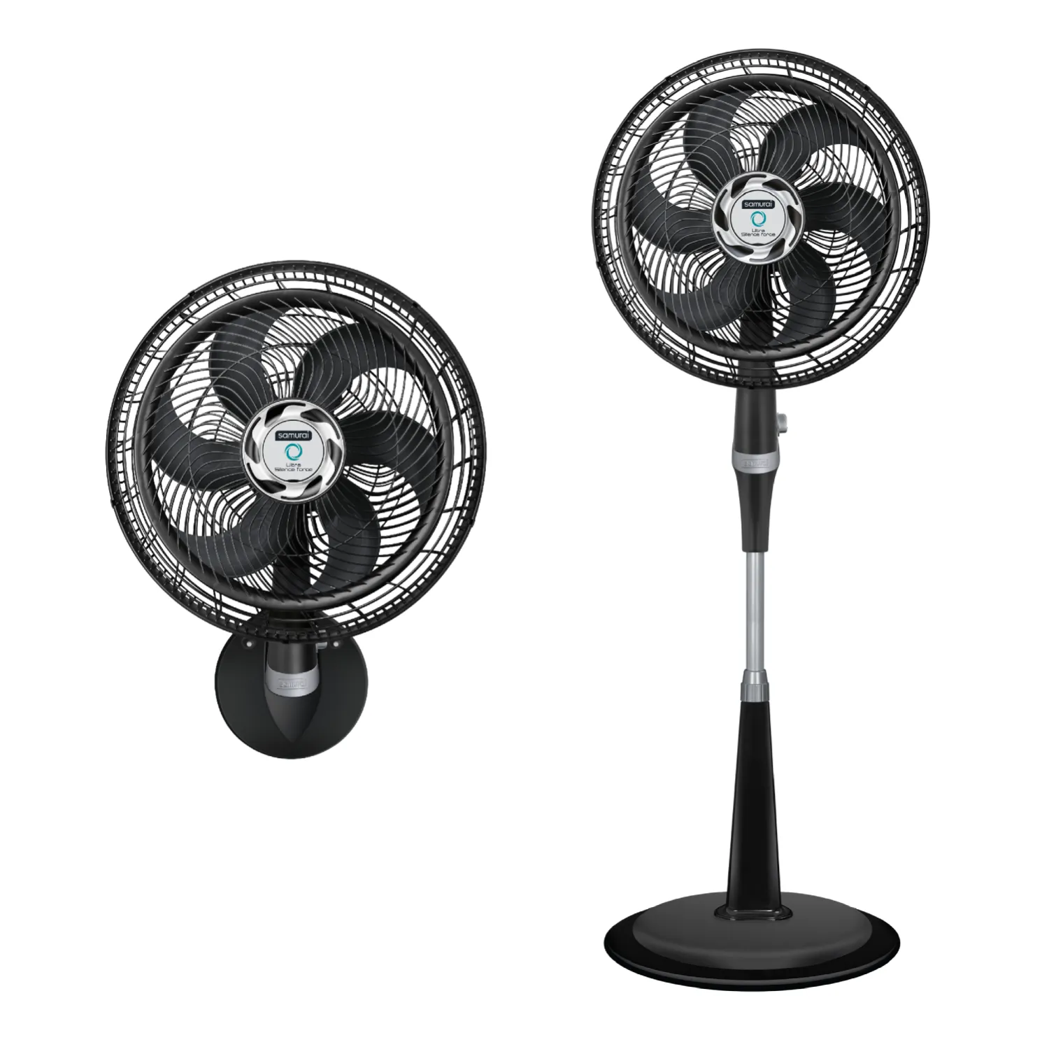 Ventilador pedestal 18 pulgadas negro de la marca SAMURAI con base y opción de montaje en pared