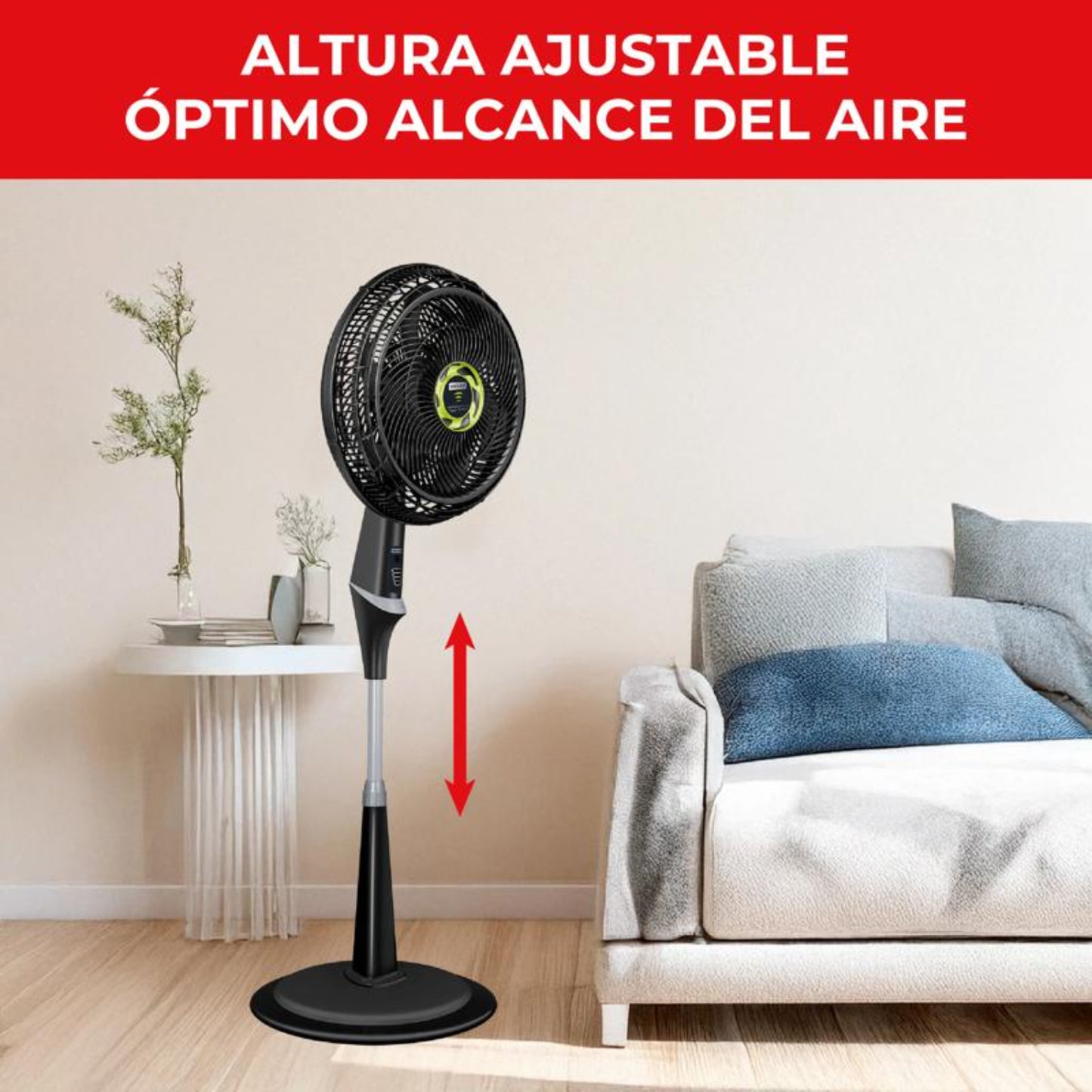 Ventilador silencioso negro ajustable en altura, ideal para sala de estar.