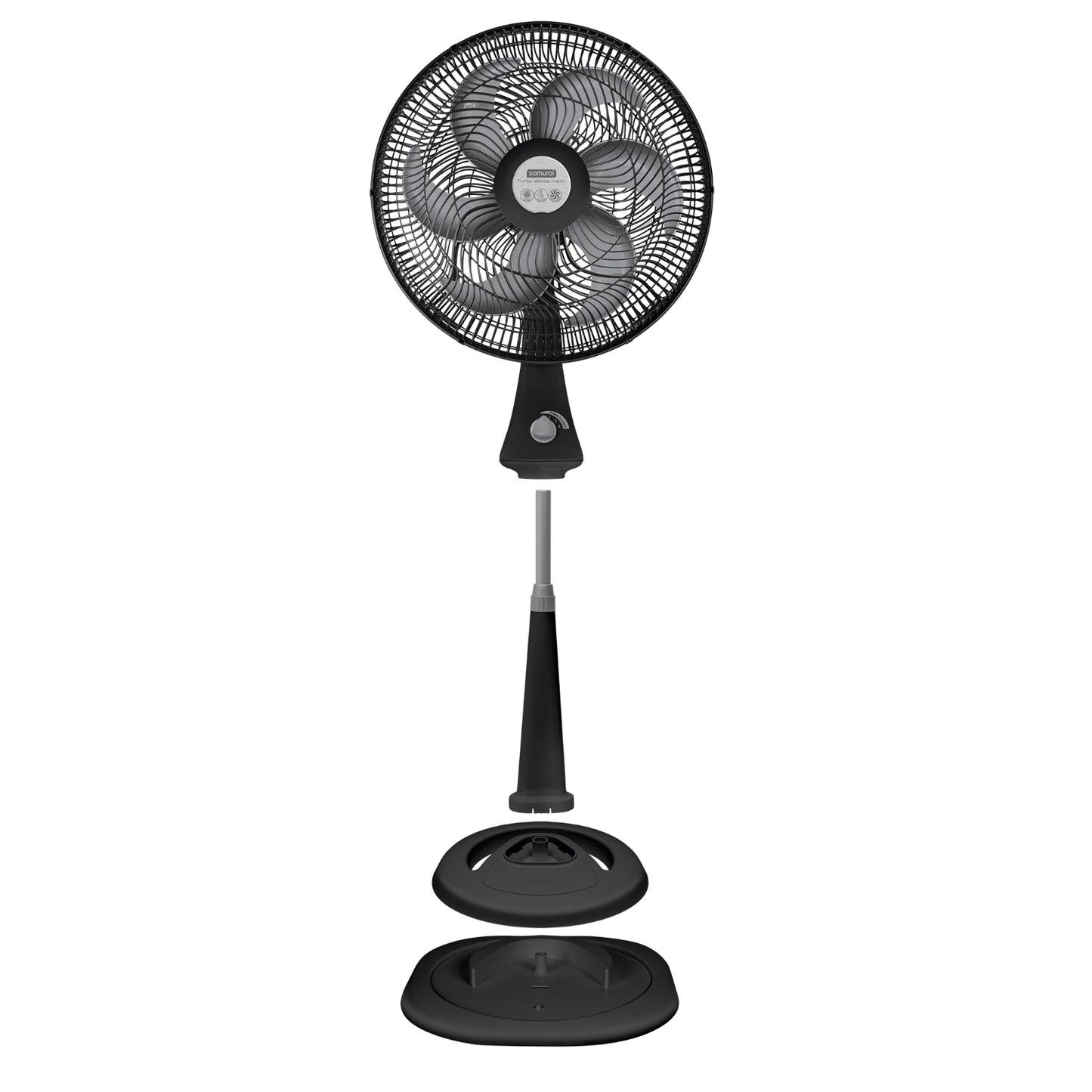 Ventilador silencioso negro de pie, ideal para mantener el aire fresco en espacios interiores.