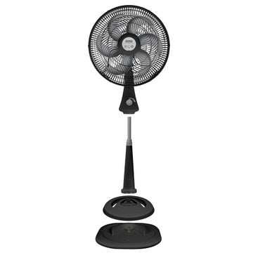 Ventilador silencioso negro de pie, ideal para mantener el aire fresco en espacios interiores.
