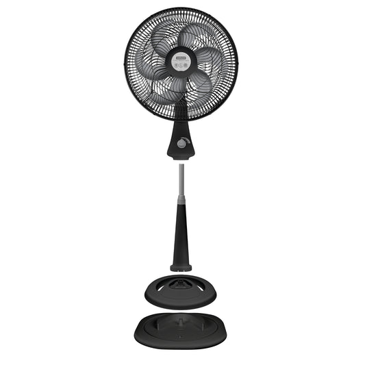 Ventilador silencioso negro de pie, ideal para mantener el aire fresco en espacios interiores.