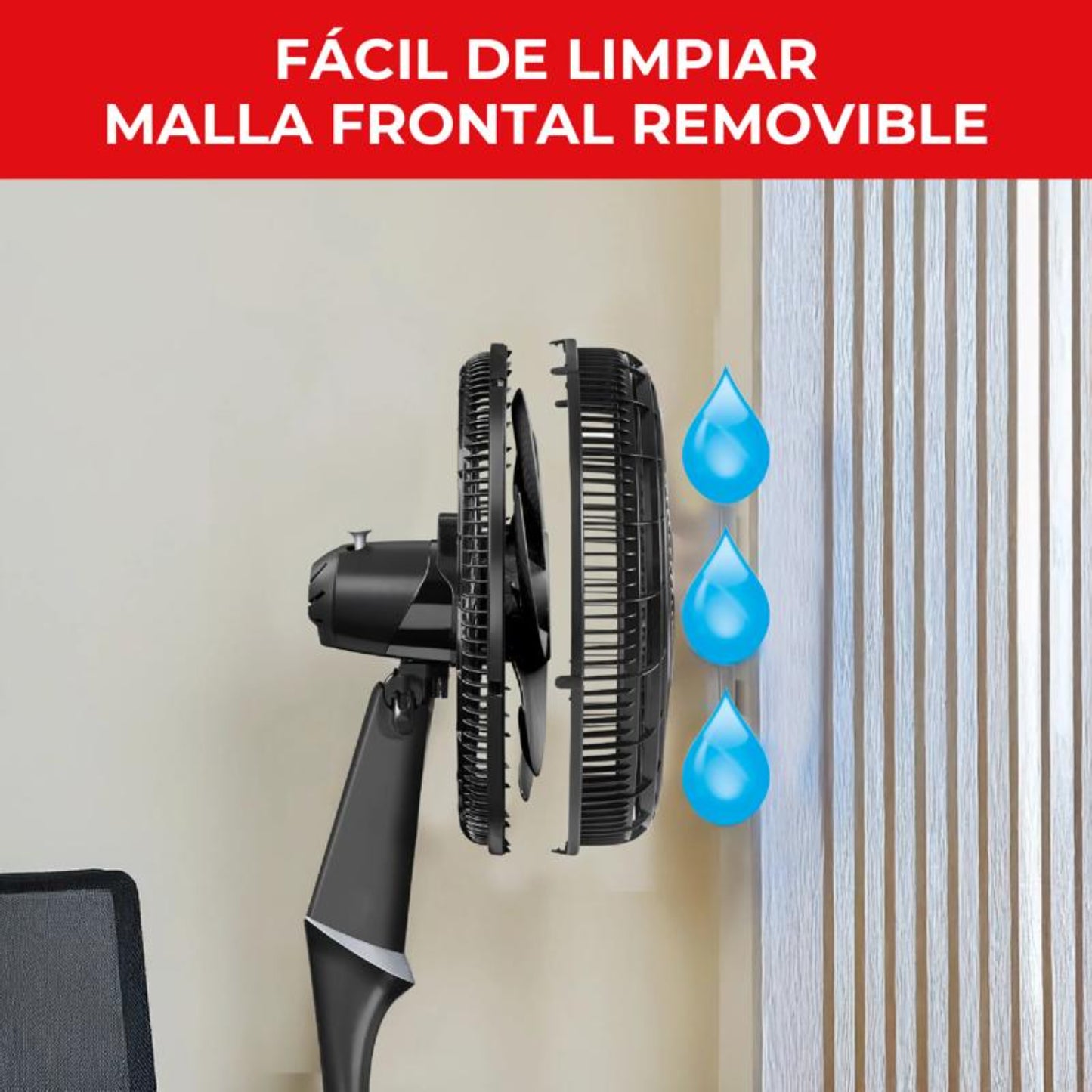 Ventilador silencioso negro lateral, malla frontal removible para fácil limpieza