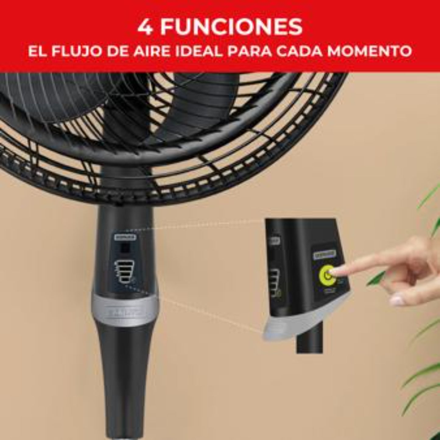 Ventilador silencioso negro con control de funciones, ideal para cualquier espacio.